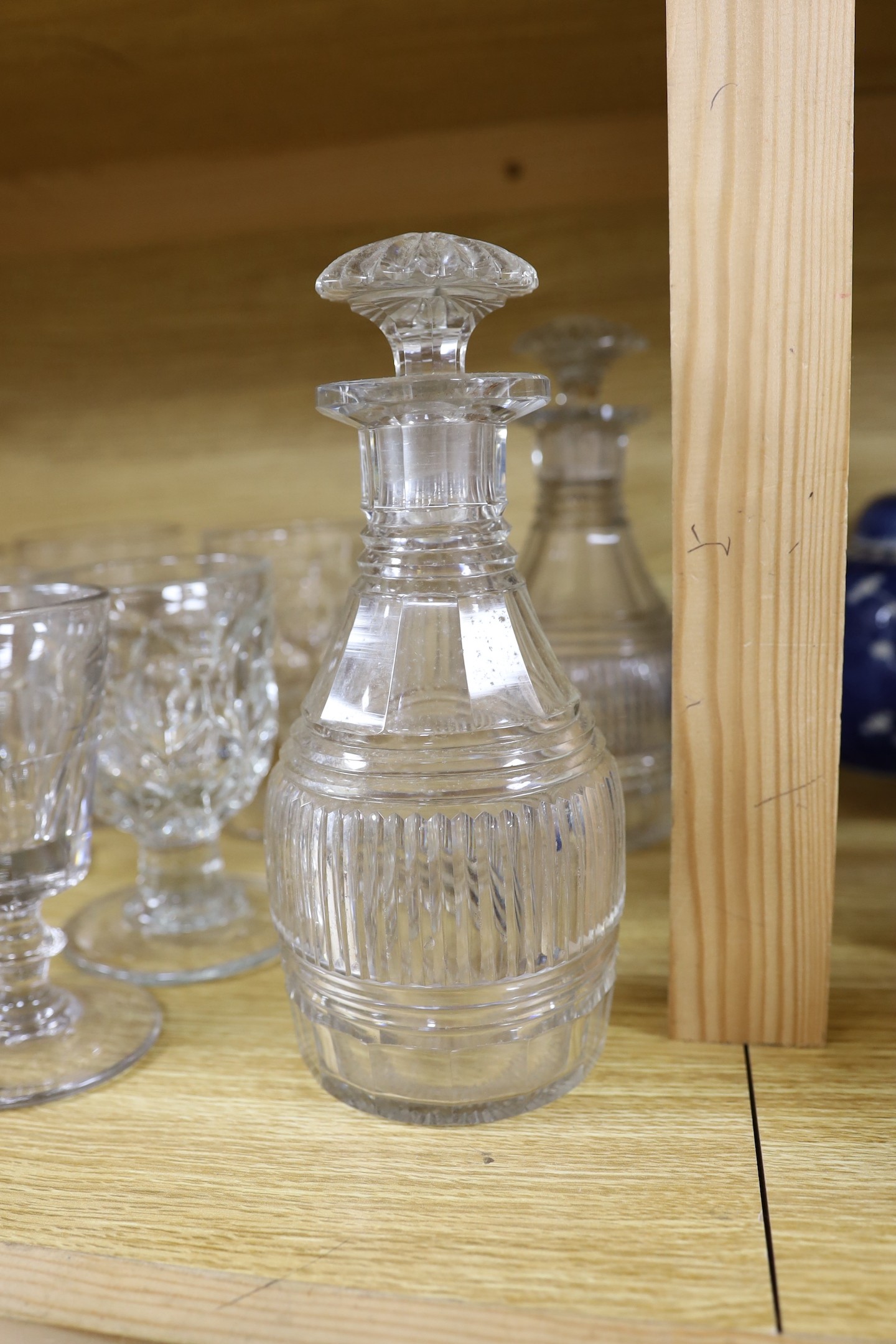 A mixed selection of glass rummers and other drinking vessels and decanters. Tallest 22.5cm